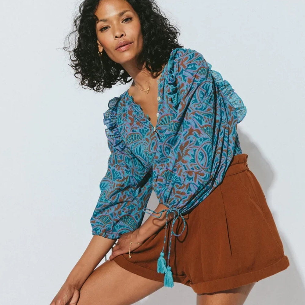 CLEOBELLA Jayda Blouse Top In Zuri Print Puff Sleeve Tassel Ties Organic Cotton